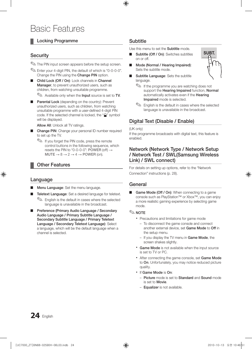 Basic features | Samsung UE40C7000WP User Manual | Page 24 / 196