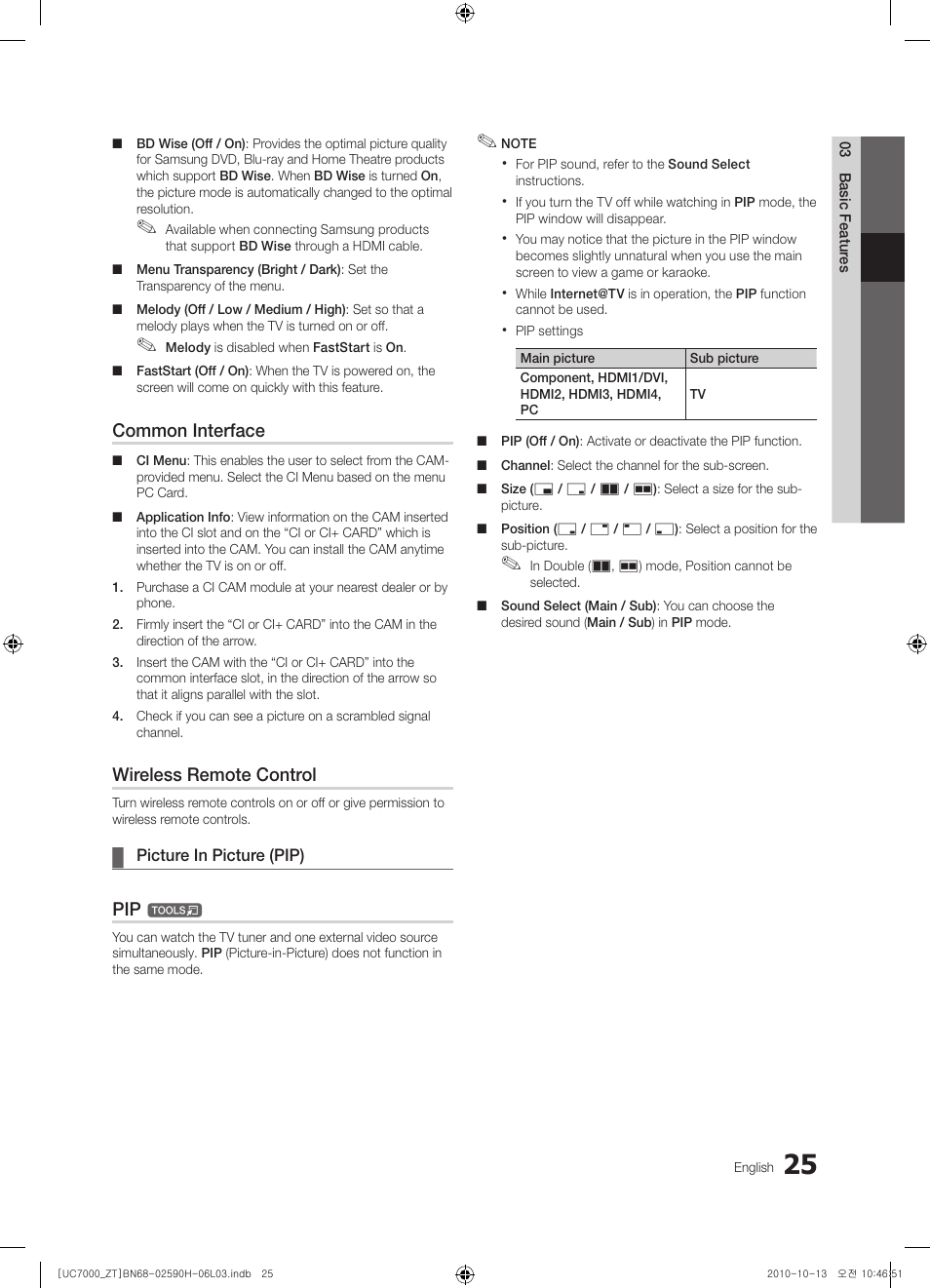 Common interface, Wireless remote control | Samsung UE40C7000WP User Manual | Page 25 / 196