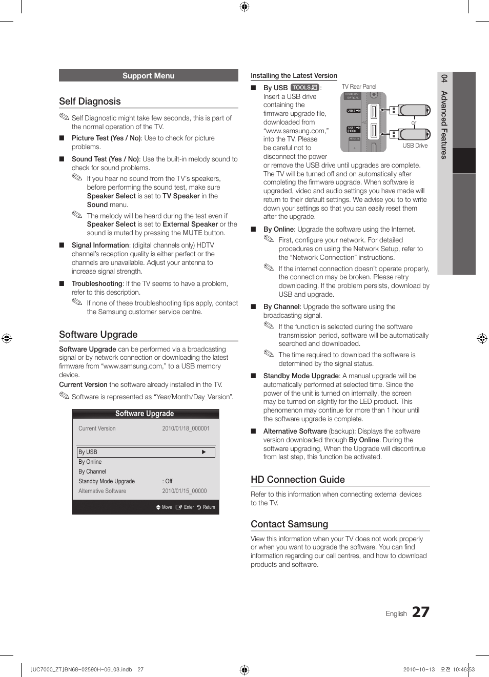 Self diagnosis, Software upgrade, Hd connection guide | Contact samsung | Samsung UE40C7000WP User Manual | Page 27 / 196