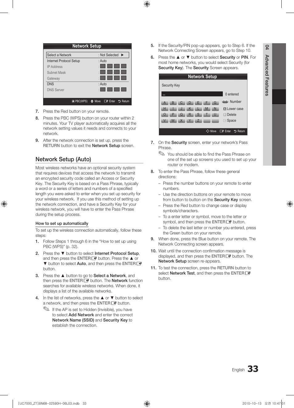 Network setup (auto) | Samsung UE40C7000WP User Manual | Page 33 / 196