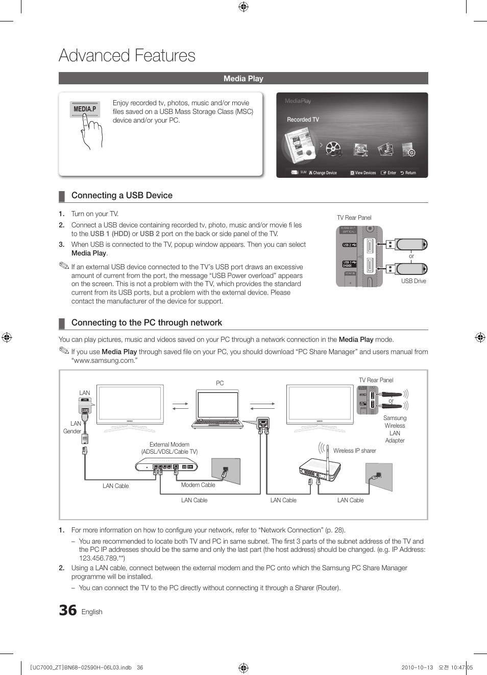 Advanced features | Samsung UE40C7000WP User Manual | Page 36 / 196