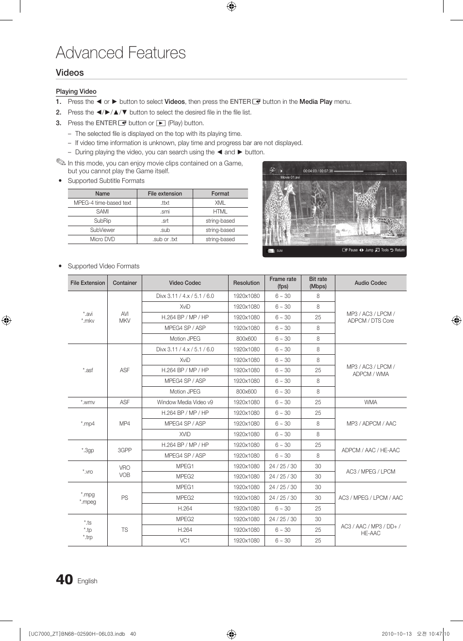 Advanced features, Videos | Samsung UE40C7000WP User Manual | Page 40 / 196