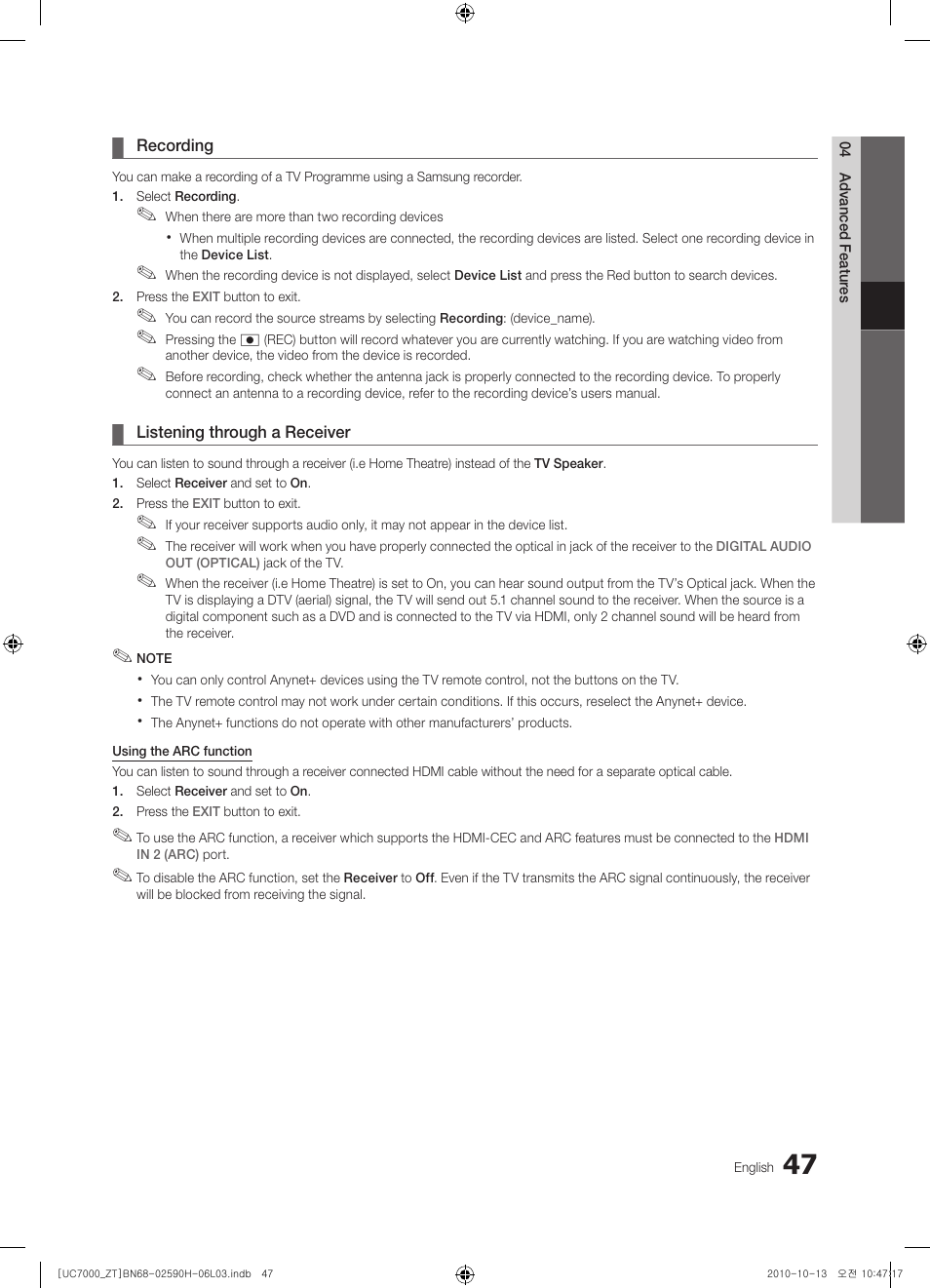 Samsung UE40C7000WP User Manual | Page 47 / 196