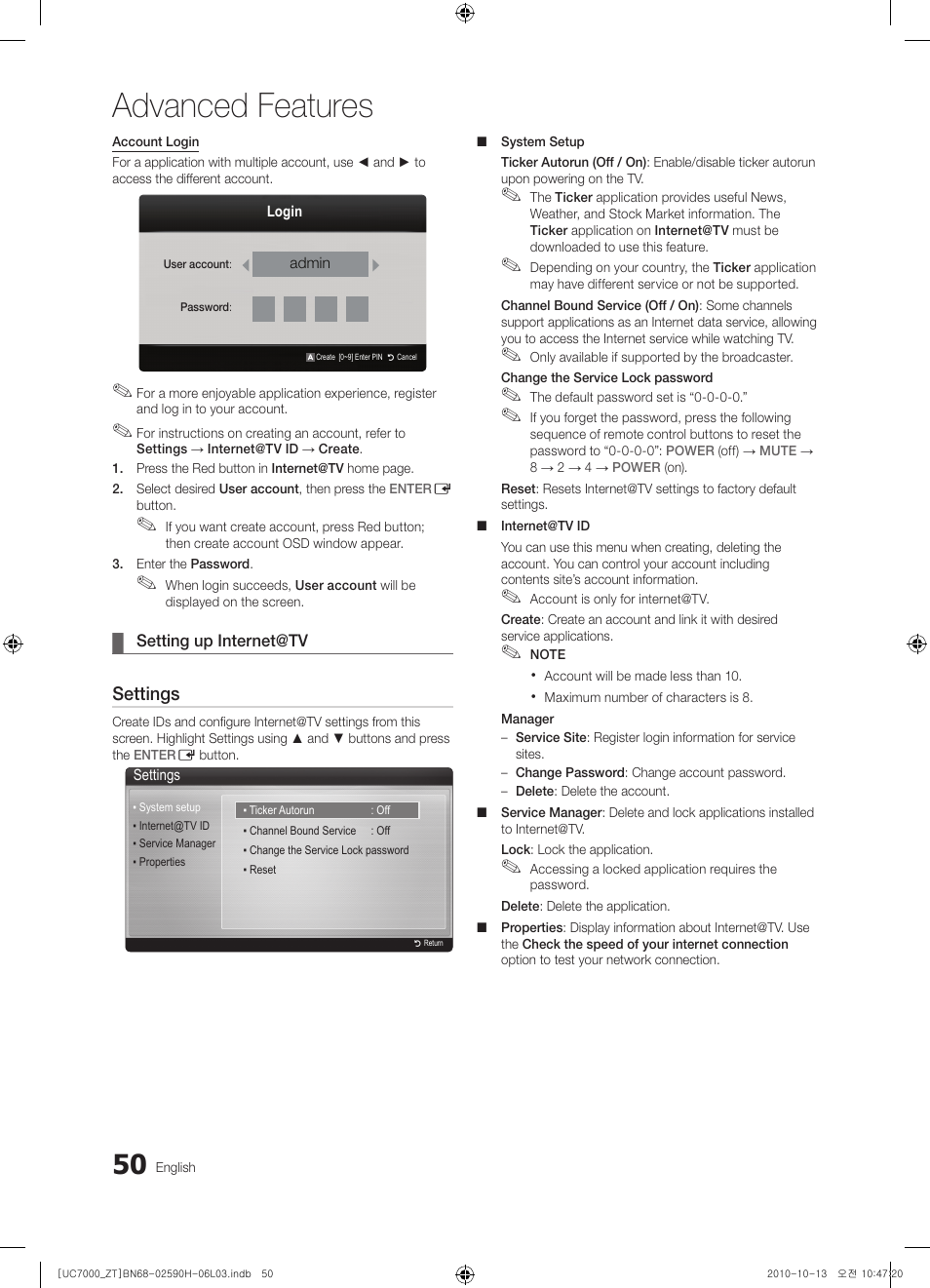 Advanced features, Settings | Samsung UE40C7000WP User Manual | Page 50 / 196