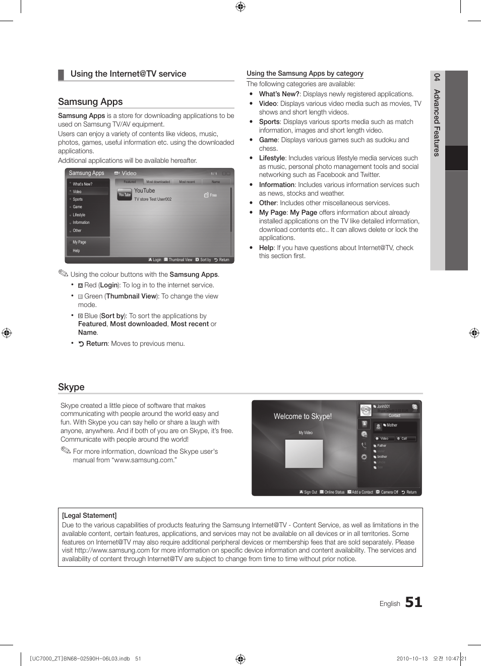 Samsung apps, Skype, Using the internet@tv service | Samsung UE40C7000WP User Manual | Page 51 / 196