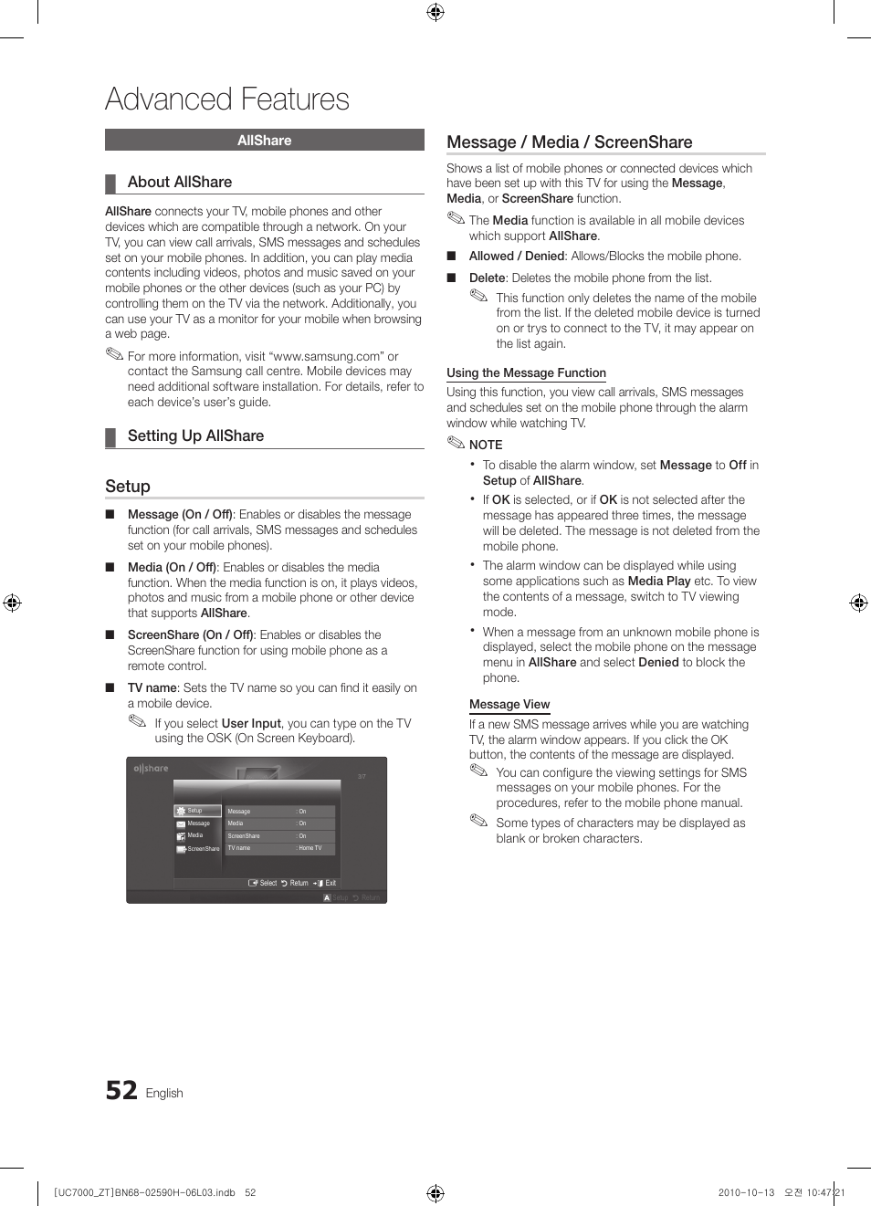 Advanced features, Setup, Message / media / screenshare | Samsung UE40C7000WP User Manual | Page 52 / 196