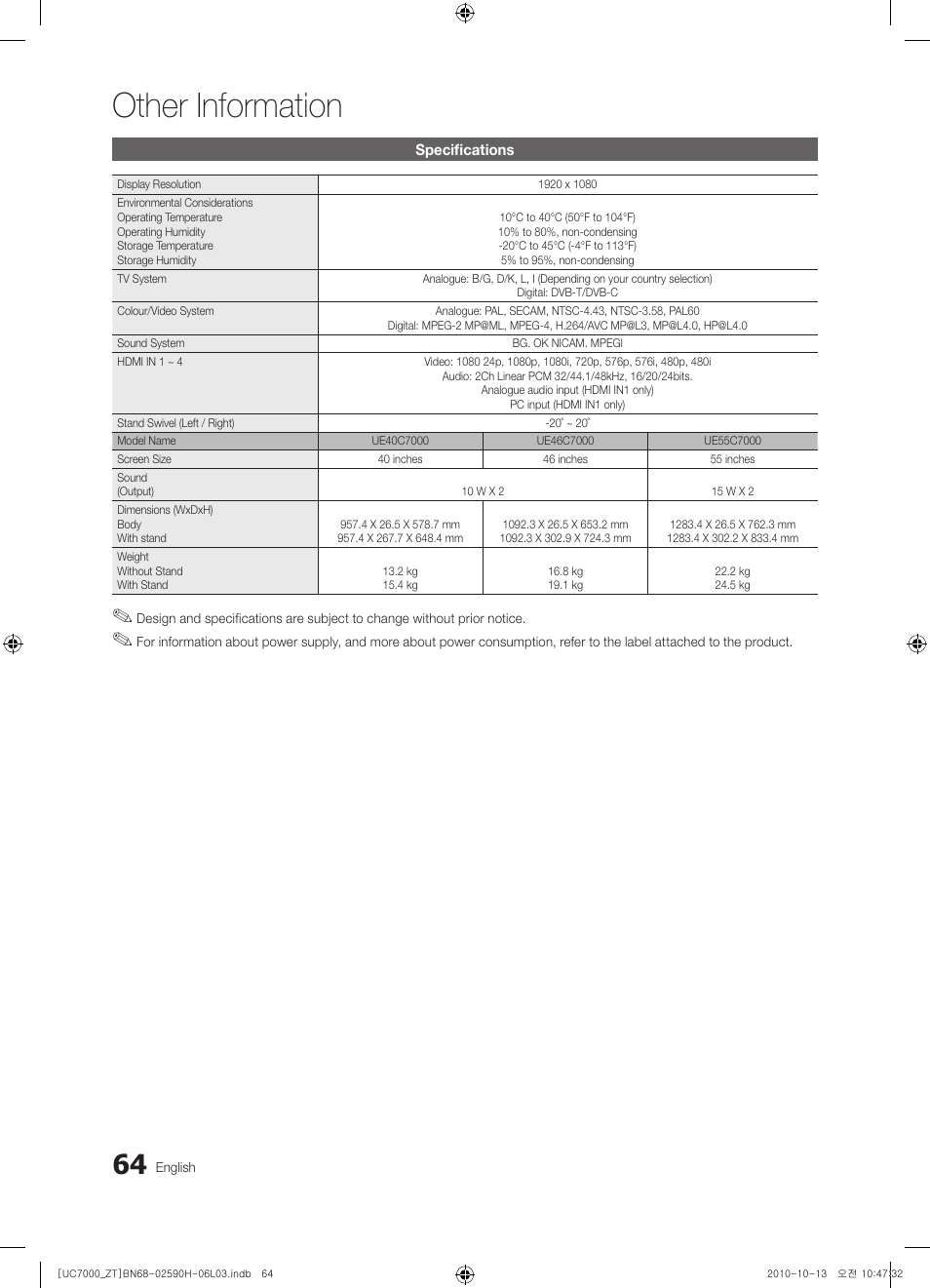 Other information | Samsung UE40C7000WP User Manual | Page 64 / 196