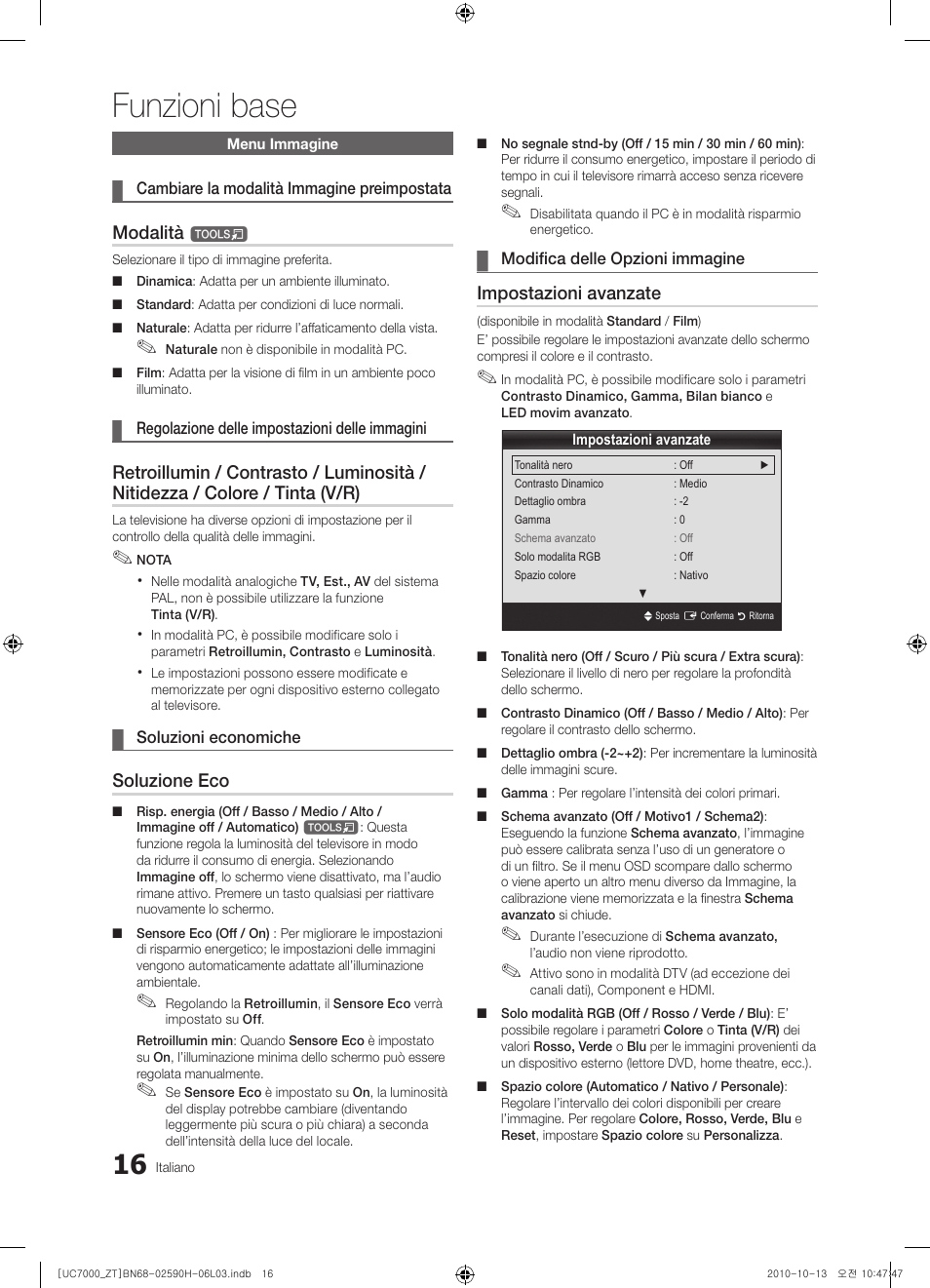 Funzioni base, Modalità t, Soluzione eco | Impostazioni avanzate | Samsung UE40C7000WP User Manual | Page 80 / 196