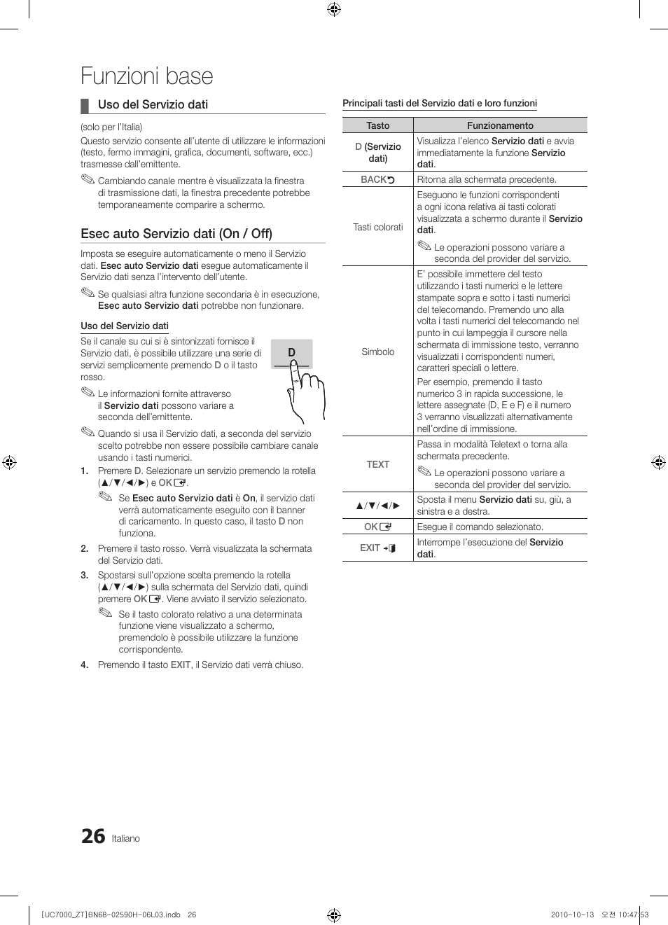 Funzioni base, Esec auto servizio dati (on / off) | Samsung UE40C7000WP User Manual | Page 90 / 196