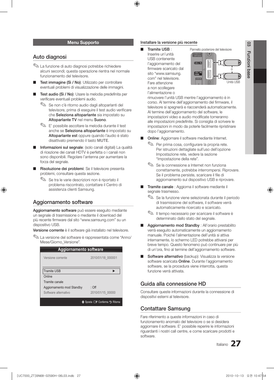 Auto diagnosi, Aggiornamento software, Guida alla connessione hd | Contattare samsung | Samsung UE40C7000WP User Manual | Page 91 / 196