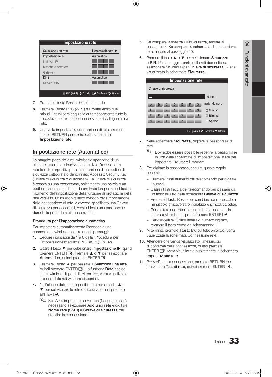 Impostazione rete (automatico) | Samsung UE40C7000WP User Manual | Page 97 / 196