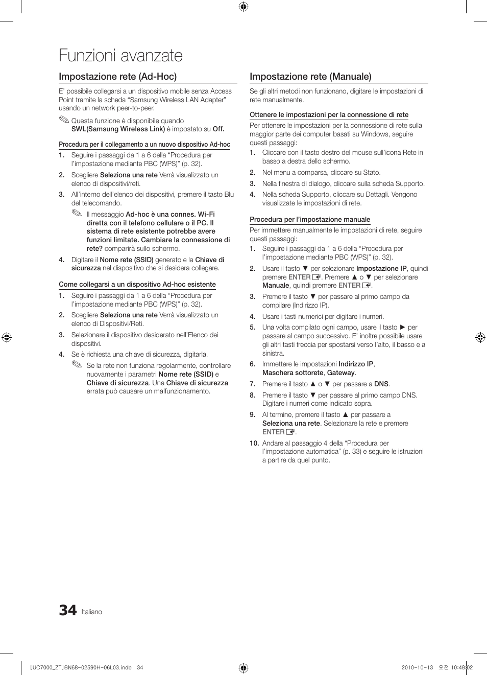 Funzioni avanzate, Impostazione rete (ad-hoc), Impostazione rete (manuale) | Samsung UE40C7000WP User Manual | Page 98 / 196