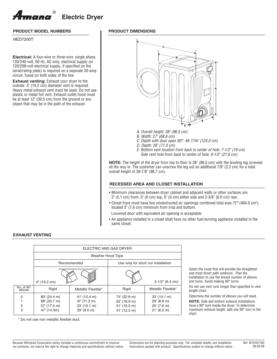 Amana NED7200T User Manual | 1 page