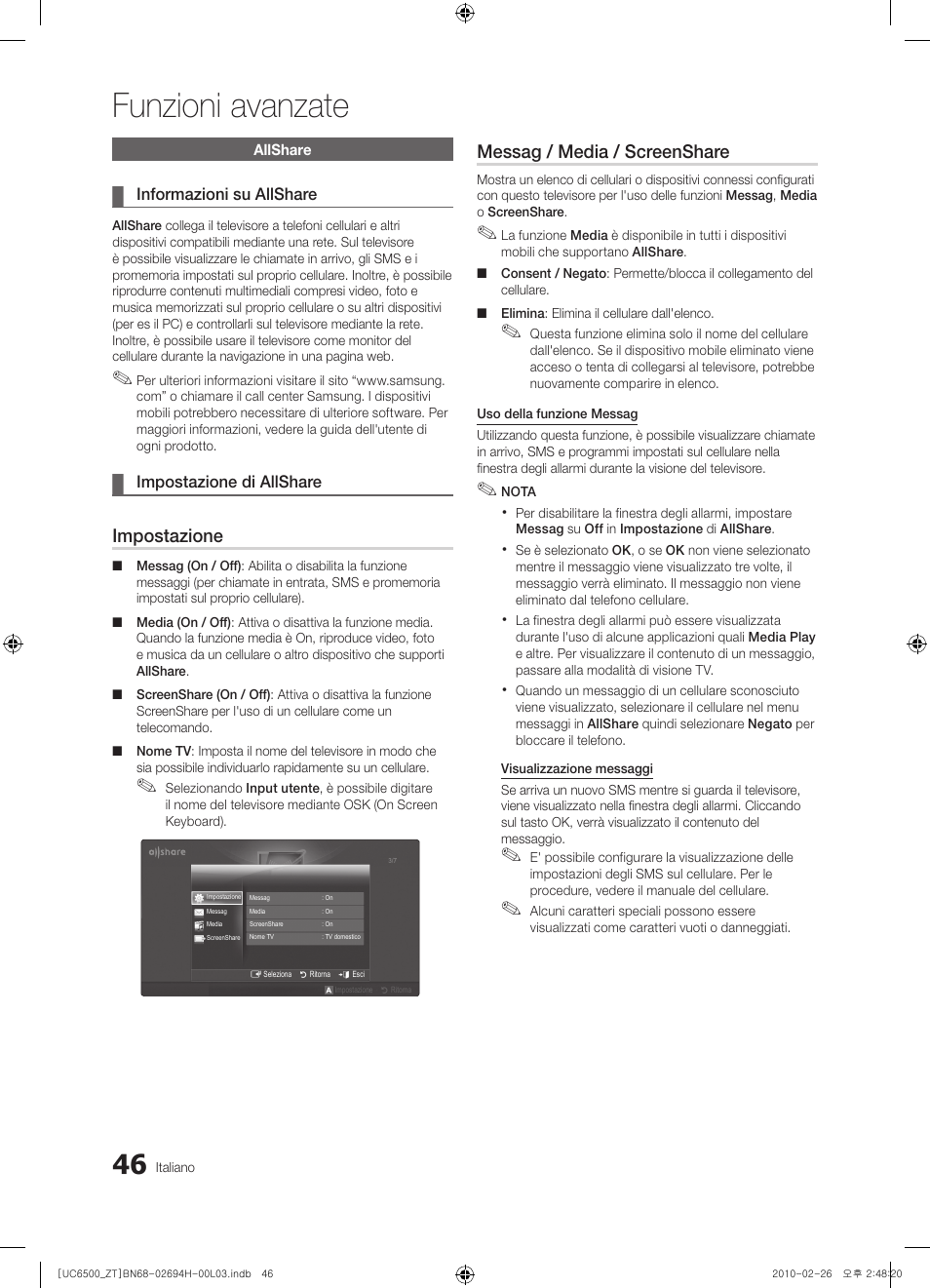 46 allshare, Funzioni avanzate, Impostazione | Messag / media / screenshare | Samsung UE37C6500UP User Manual | Page 104 / 178