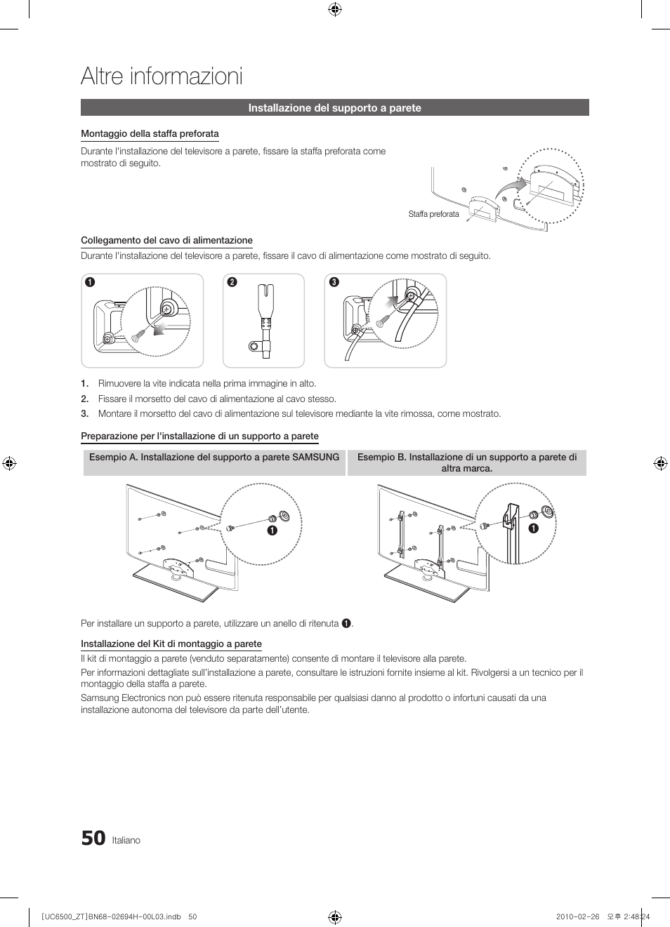 50 installazione del supporto a parete, Altre informazioni | Samsung UE37C6500UP User Manual | Page 108 / 178