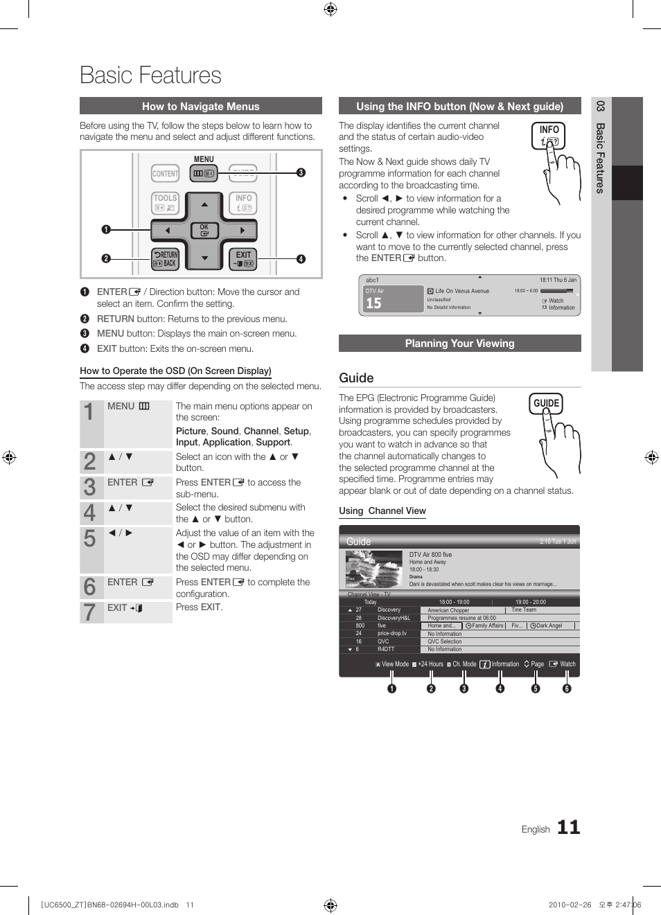 Basic features, 11 how to navigate menus 11 using the, Info | Button (now & next guide), 11 planning your viewing, Guide | Samsung UE37C6500UP User Manual | Page 11 / 178