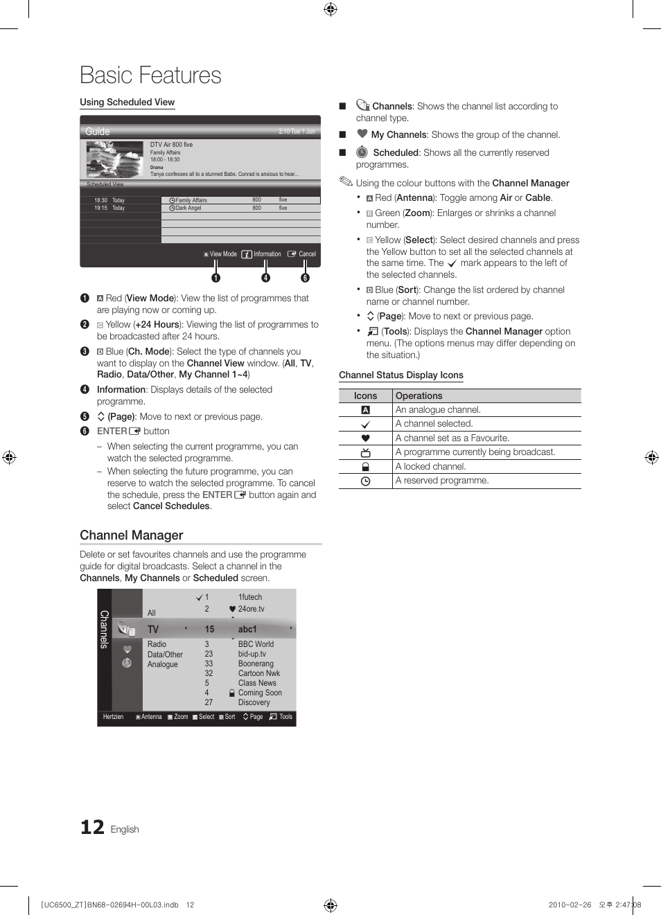 Basic features, Channel manager | Samsung UE37C6500UP User Manual | Page 12 / 178