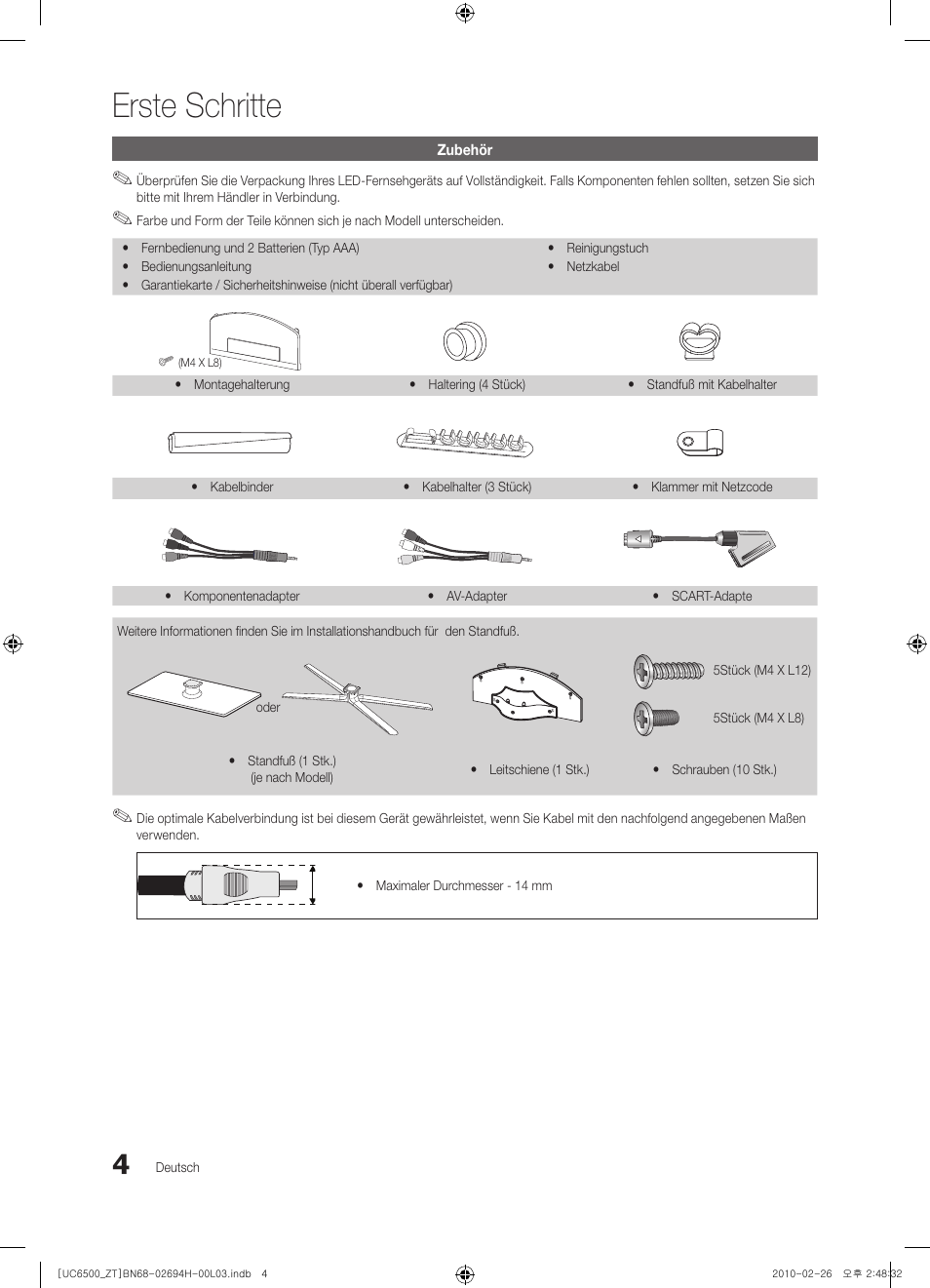 4 zubehör, Erste schritte | Samsung UE37C6500UP User Manual | Page 122 / 178