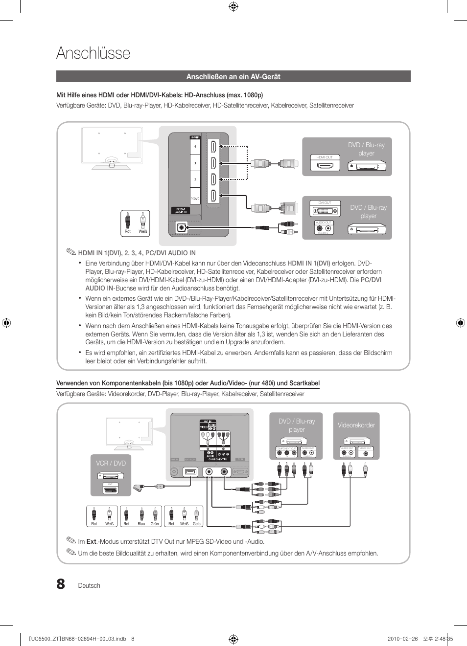 8 anschließen an ein av-gerät, Anschlüsse, Anschließen an ein av-gerät | Deutsch, Hdmi in 1(dvi), 2, 3, 4, pc/dvi audio in, Vcr / dvd videorekorder dvd / blu-ray player, Dvd / blu-ray player dvd / blu-ray player | Samsung UE37C6500UP User Manual | Page 126 / 178