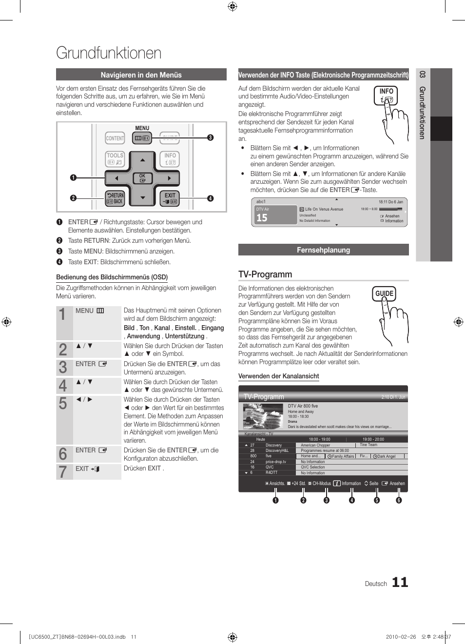 11 navigieren in den menüs 11 verwenden der, Info, Taste | Elektronische programmzeitschrift), 11 fernsehplanung, Grundfunktionen, Tv-programm | Samsung UE37C6500UP User Manual | Page 129 / 178