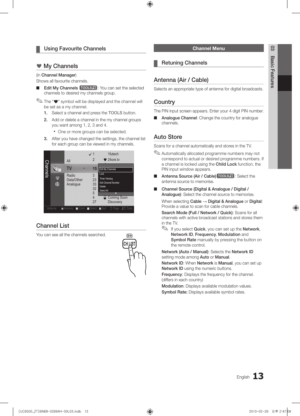 13 channel menu, My channels, Channel list | Antenna (air / cable), Country, Auto store | Samsung UE37C6500UP User Manual | Page 13 / 178