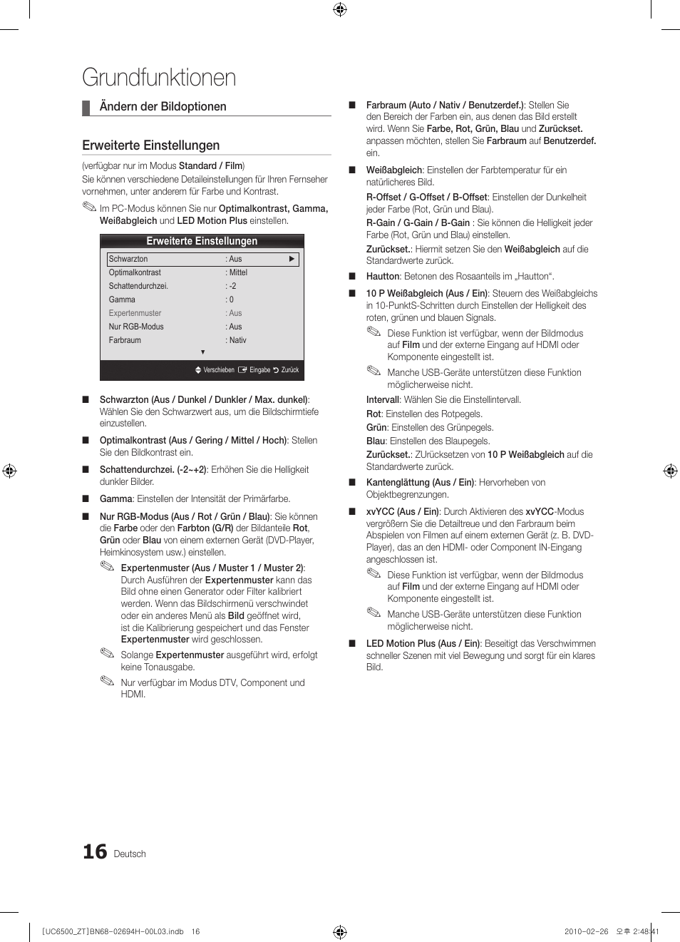 Grundfunktionen, Erweiterte einstellungen | Samsung UE37C6500UP User Manual | Page 134 / 178