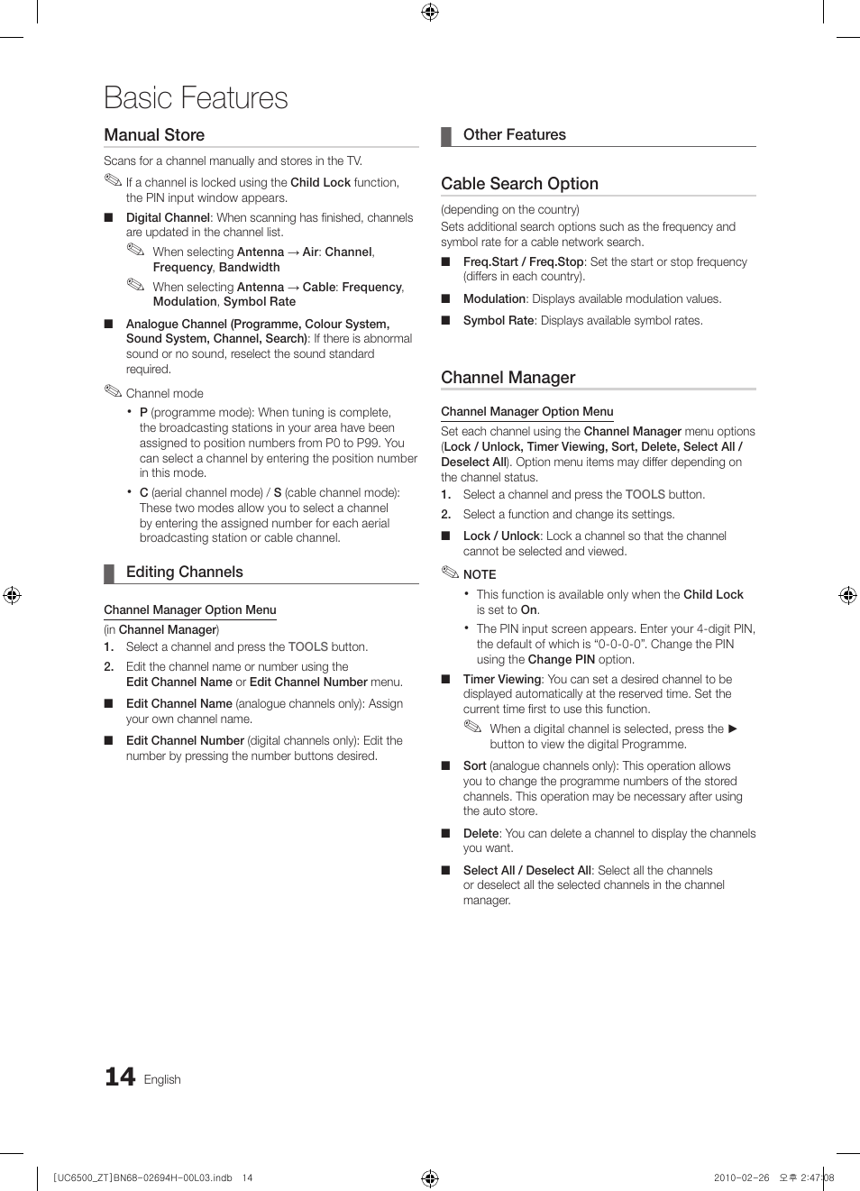 Basic features, Manual store, Cable search option | Channel manager | Samsung UE37C6500UP User Manual | Page 14 / 178