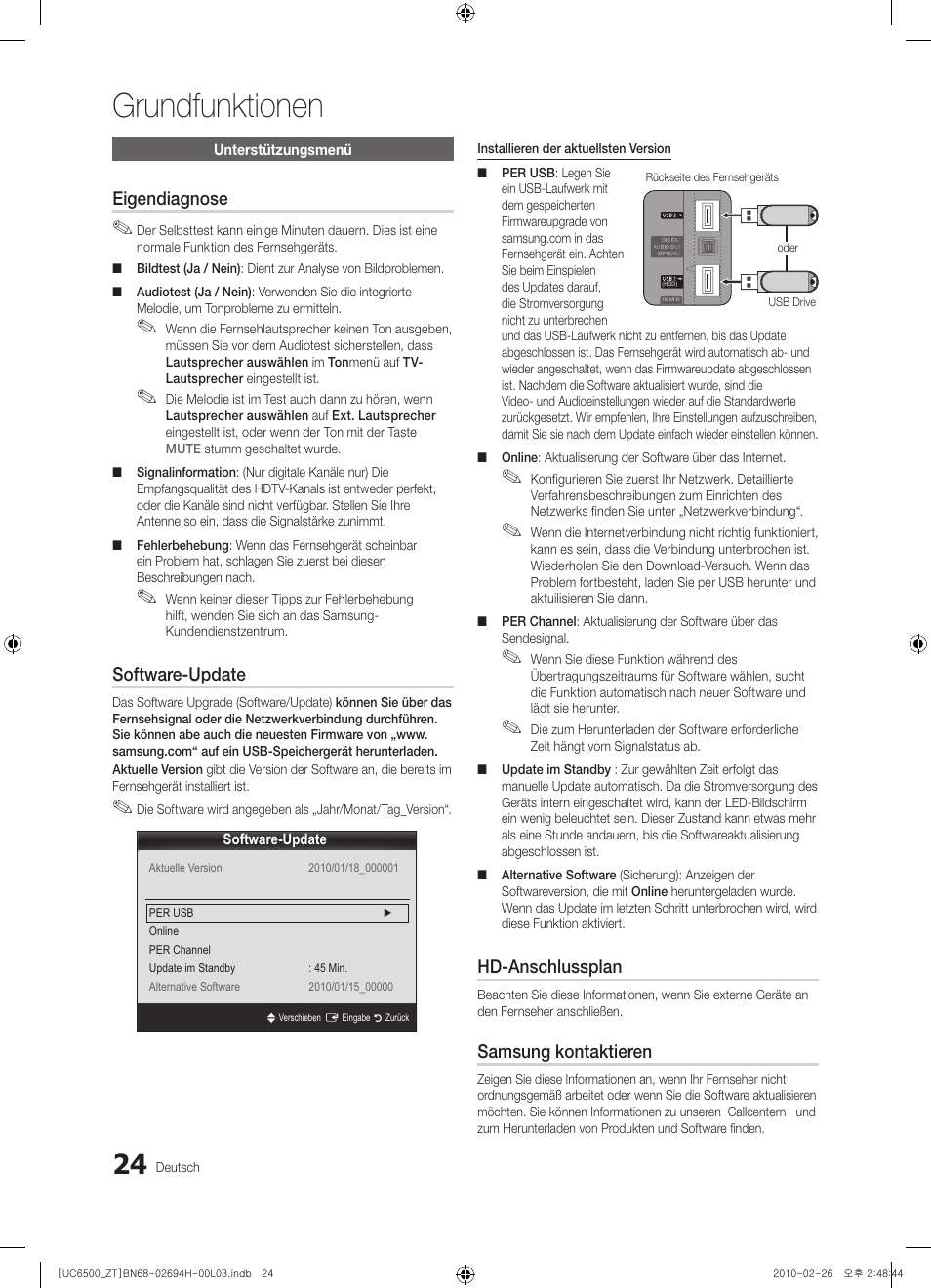 24 unterstützungsmenü, Grundfunktionen, Eigendiagnose | Software-update, Hd-anschlussplan, Samsung kontaktieren | Samsung UE37C6500UP User Manual | Page 142 / 178