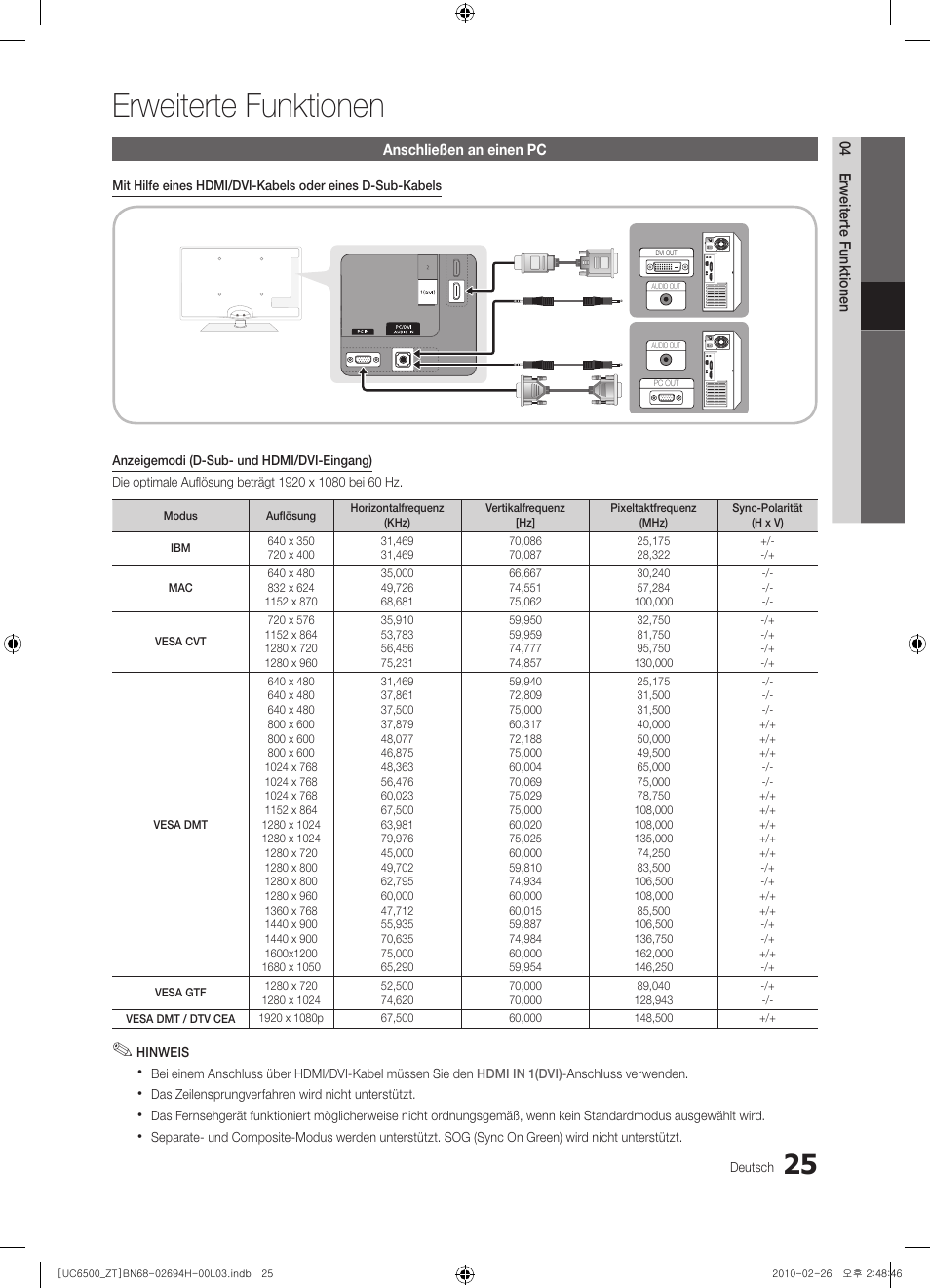 Erweiterte funktionen, 25 anschließen an einen pc | Samsung UE37C6500UP User Manual | Page 143 / 178
