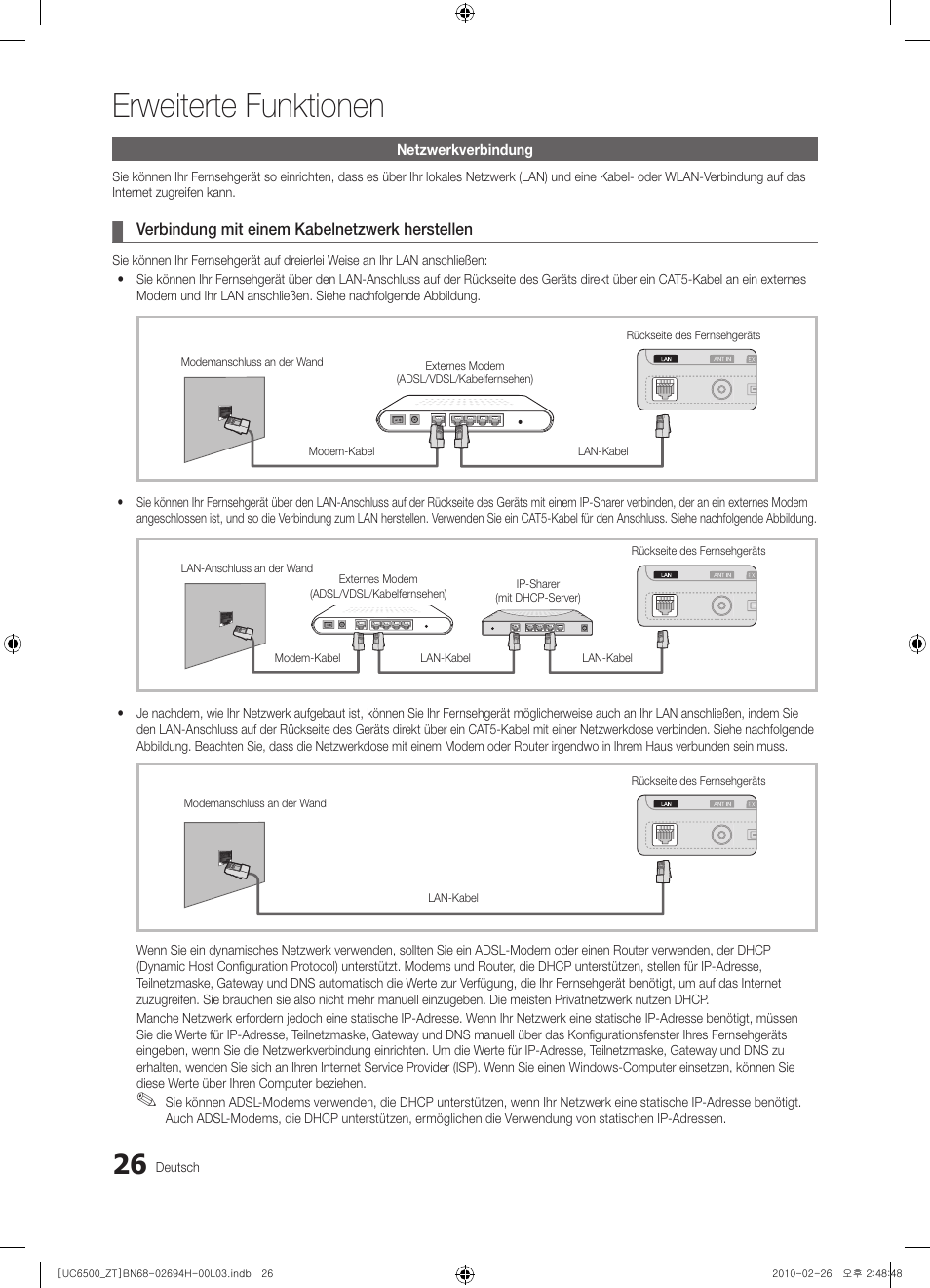 26 netzwerkverbindung, Erweiterte funktionen | Samsung UE37C6500UP User Manual | Page 144 / 178