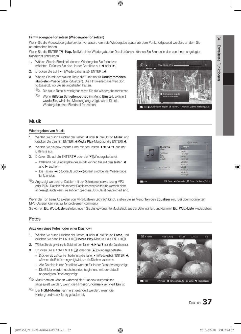 Musik, Fotos | Samsung UE37C6500UP User Manual | Page 155 / 178