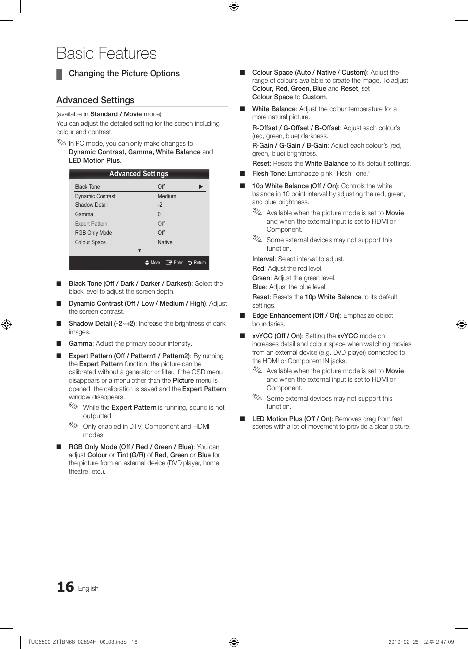 Basic features, Advanced settings | Samsung UE37C6500UP User Manual | Page 16 / 178