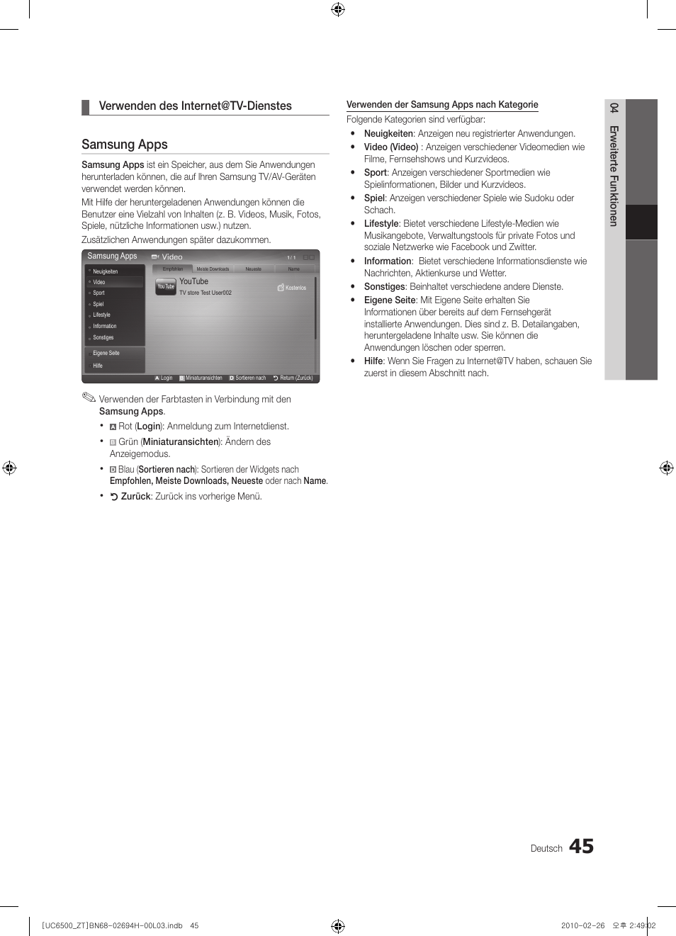 Samsung apps, Verwenden des internet@tv-dienstes | Samsung UE37C6500UP User Manual | Page 163 / 178