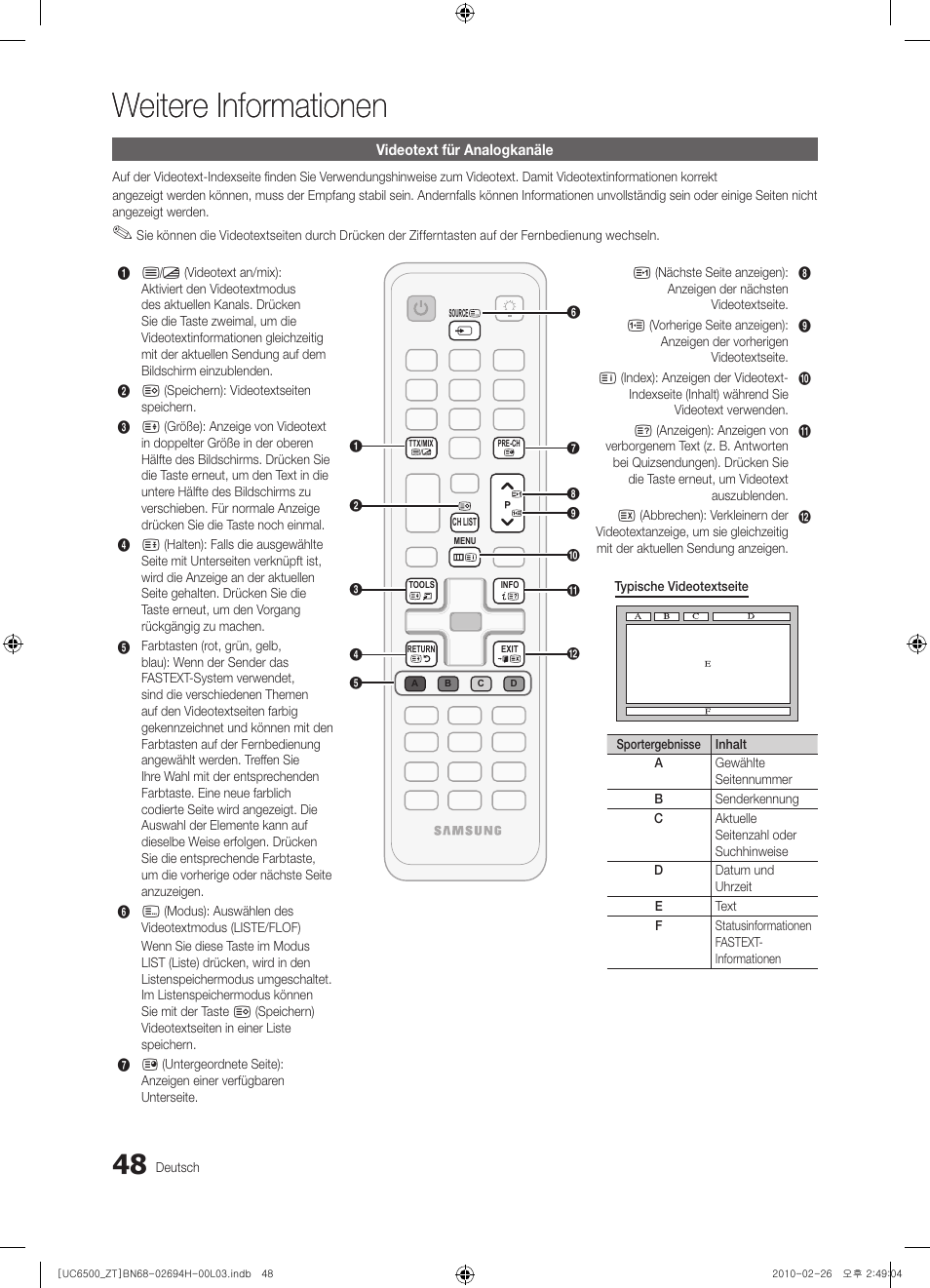 Weitere informationen, 48 videotext für analogkanäle | Samsung UE37C6500UP User Manual | Page 166 / 178