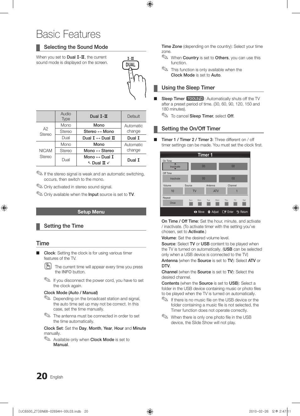 20 setup menu, Basic features, Time | Samsung UE37C6500UP User Manual | Page 20 / 178