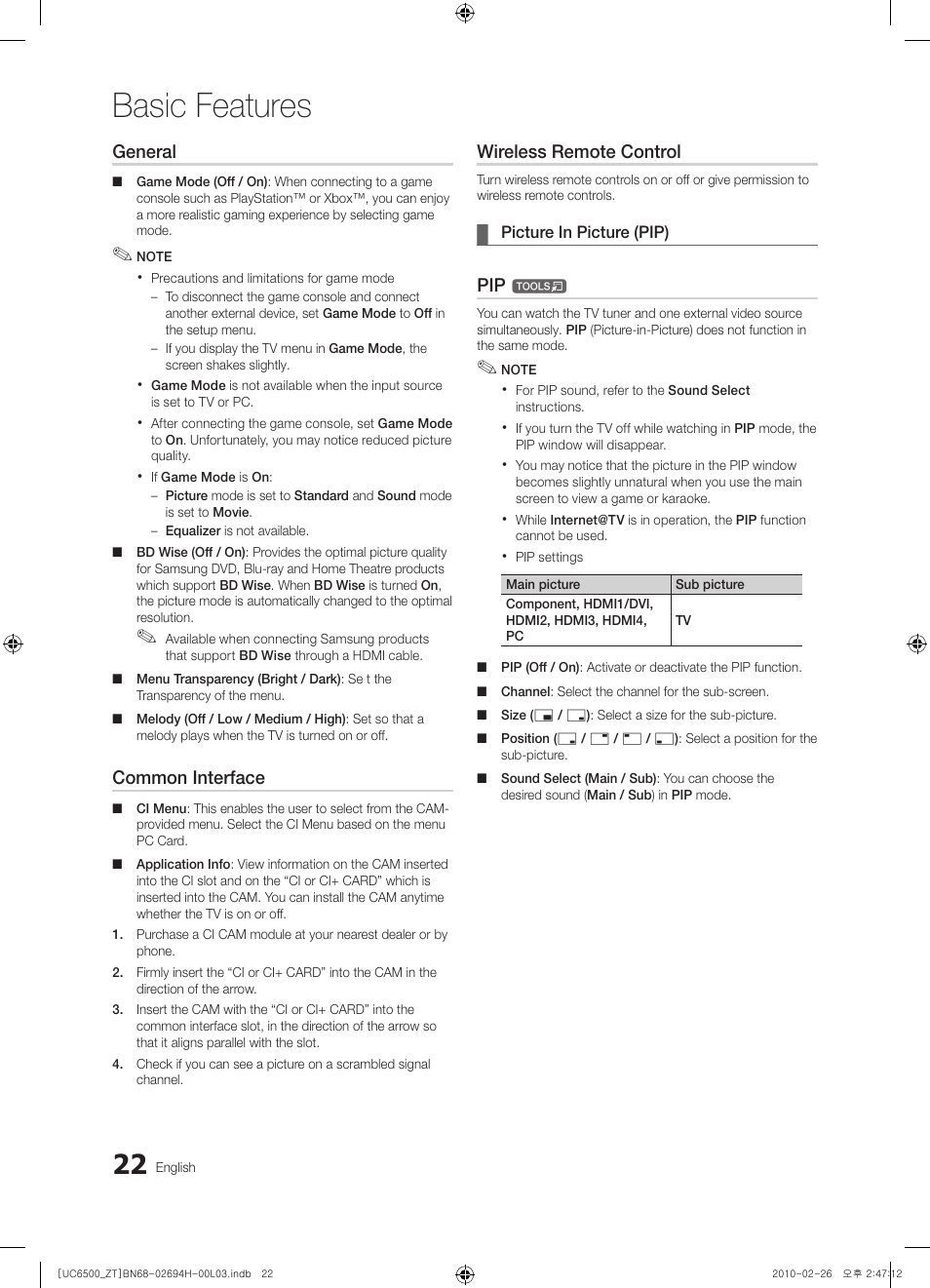 Basic features, General, Common interface | Wireless remote control | Samsung UE37C6500UP User Manual | Page 22 / 178