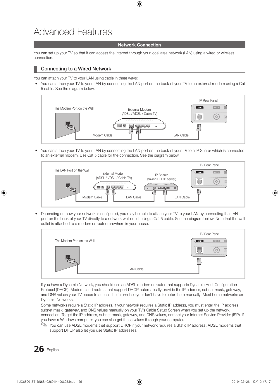 25 network connection, Advanced features | Samsung UE37C6500UP User Manual | Page 26 / 178