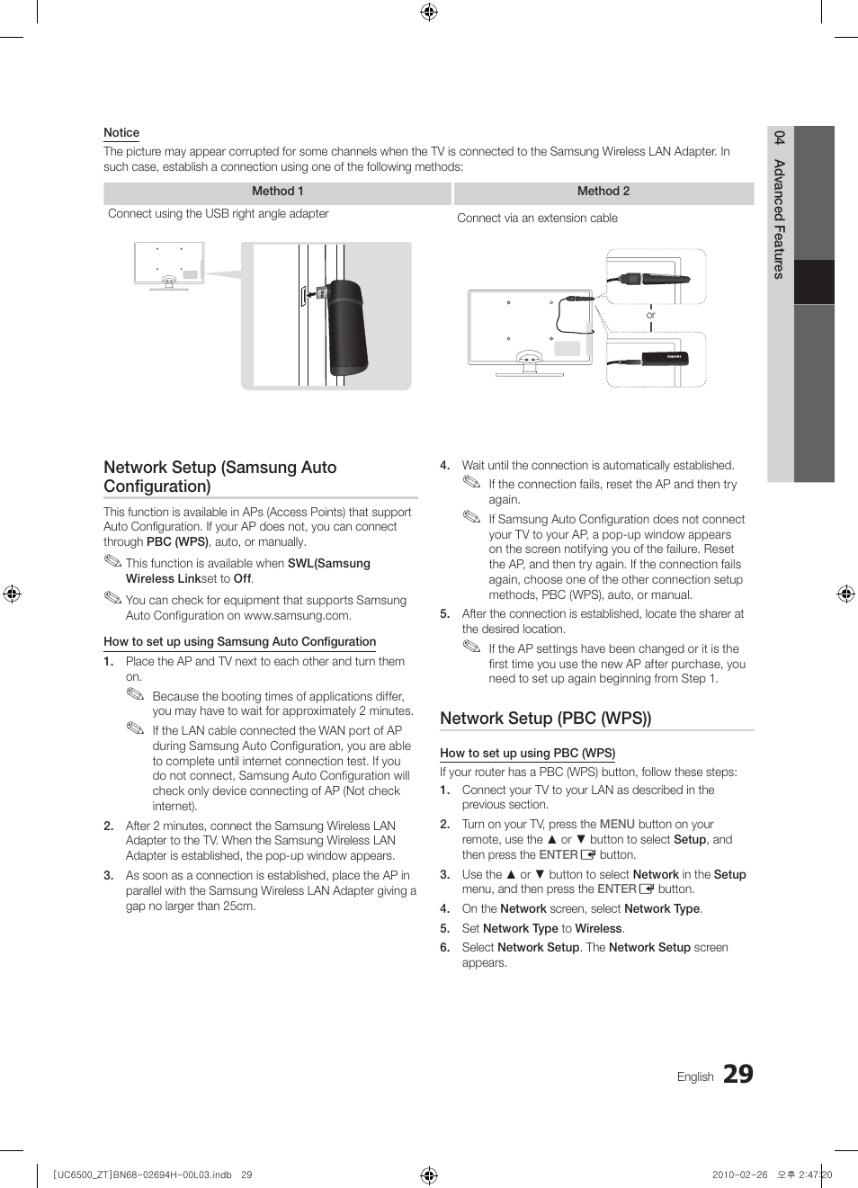 Network setup (samsung auto configuration), Network setup (pbc (wps)) | Samsung UE37C6500UP User Manual | Page 29 / 178