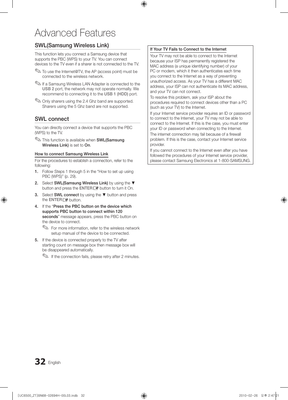 Advanced features | Samsung UE37C6500UP User Manual | Page 32 / 178