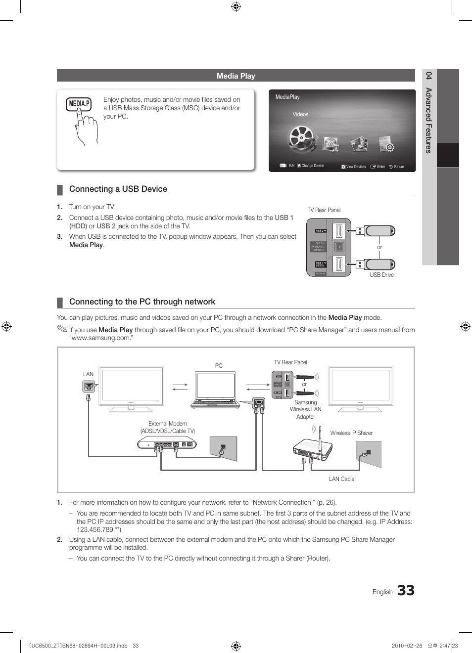 32 media play, Connecting a usb device, Connecting to the pc through network | Samsung UE37C6500UP User Manual | Page 33 / 178
