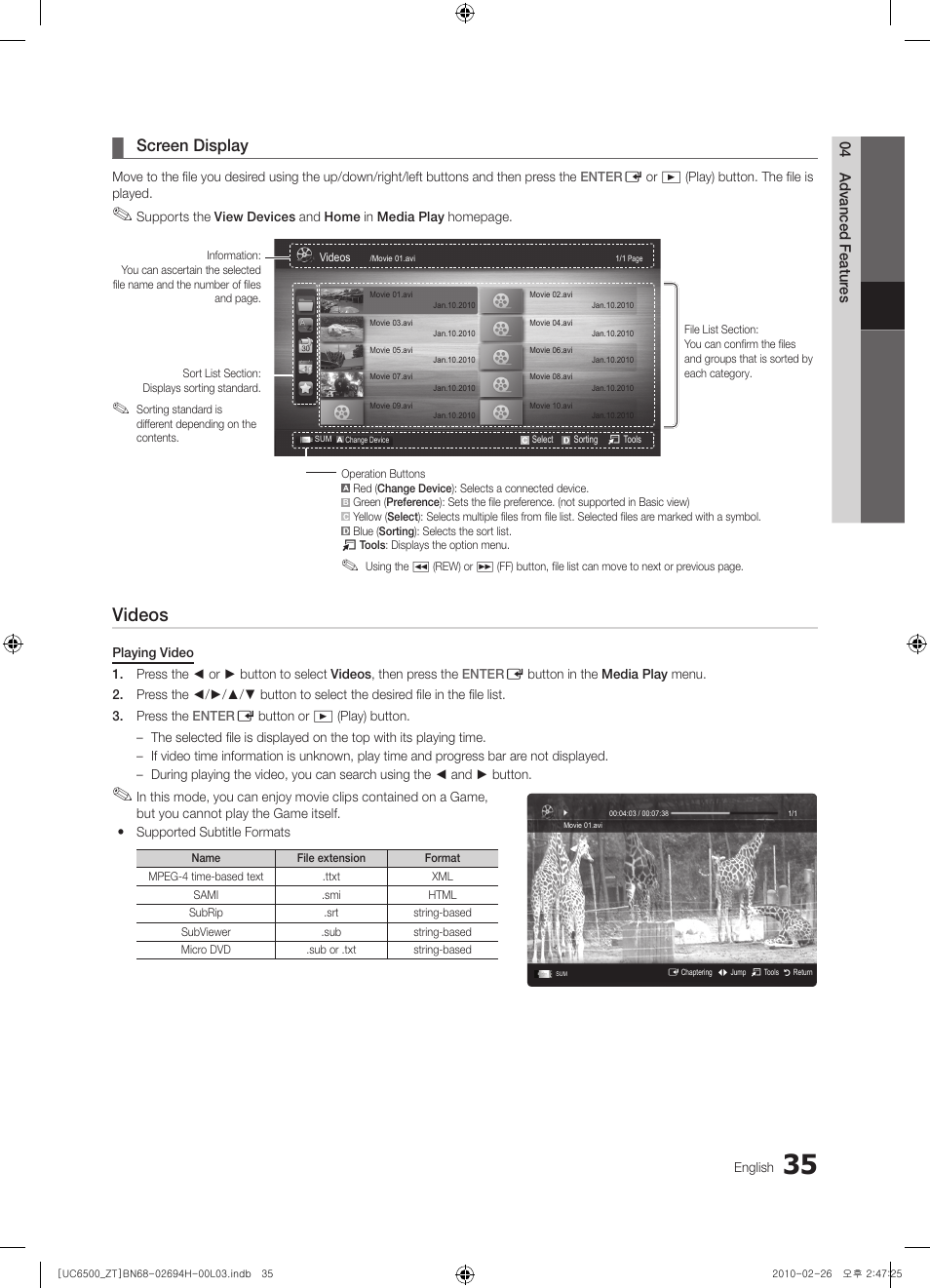 Videos, Screen display | Samsung UE37C6500UP User Manual | Page 35 / 178