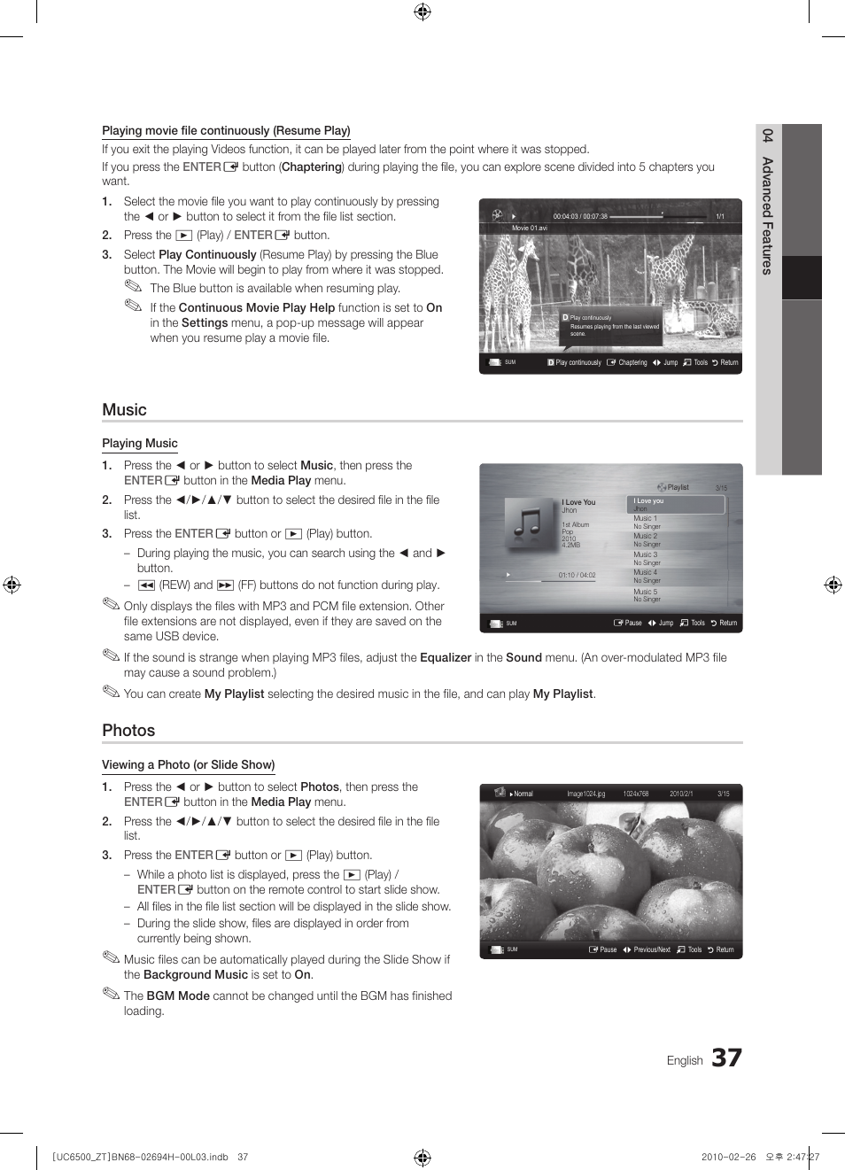 Music, Photos | Samsung UE37C6500UP User Manual | Page 37 / 178