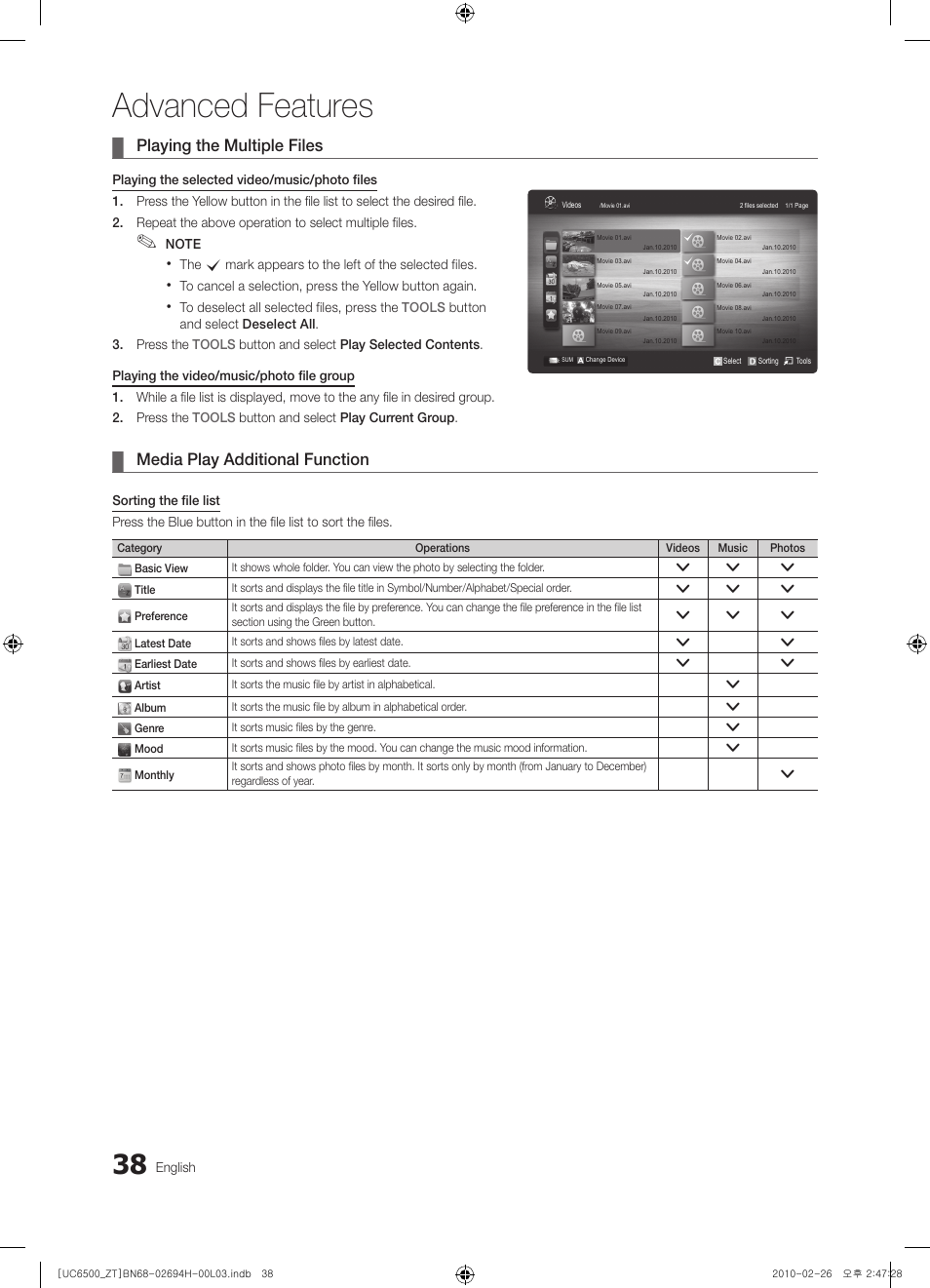 Advanced features, Playing the multiple files, Media play additional function | Samsung UE37C6500UP User Manual | Page 38 / 178