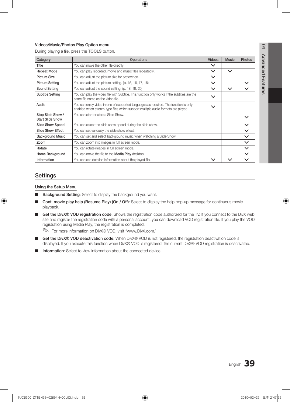 Settings | Samsung UE37C6500UP User Manual | Page 39 / 178