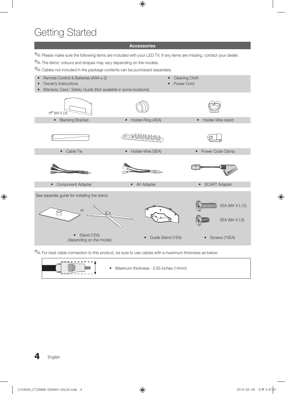 Getting started, 4 accessories | Samsung UE37C6500UP User Manual | Page 4 / 178