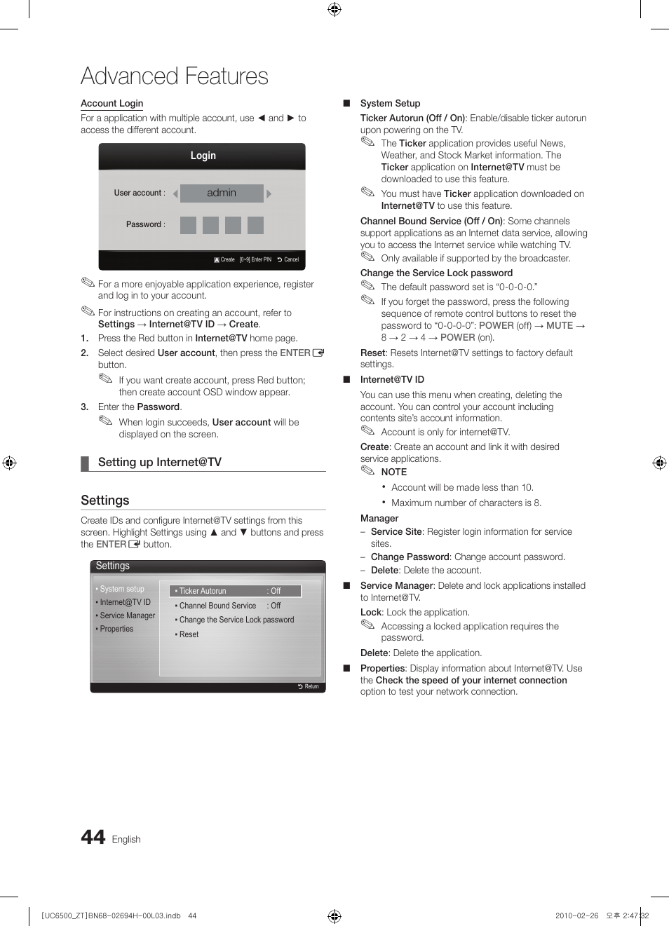 Advanced features, Settings | Samsung UE37C6500UP User Manual | Page 44 / 178