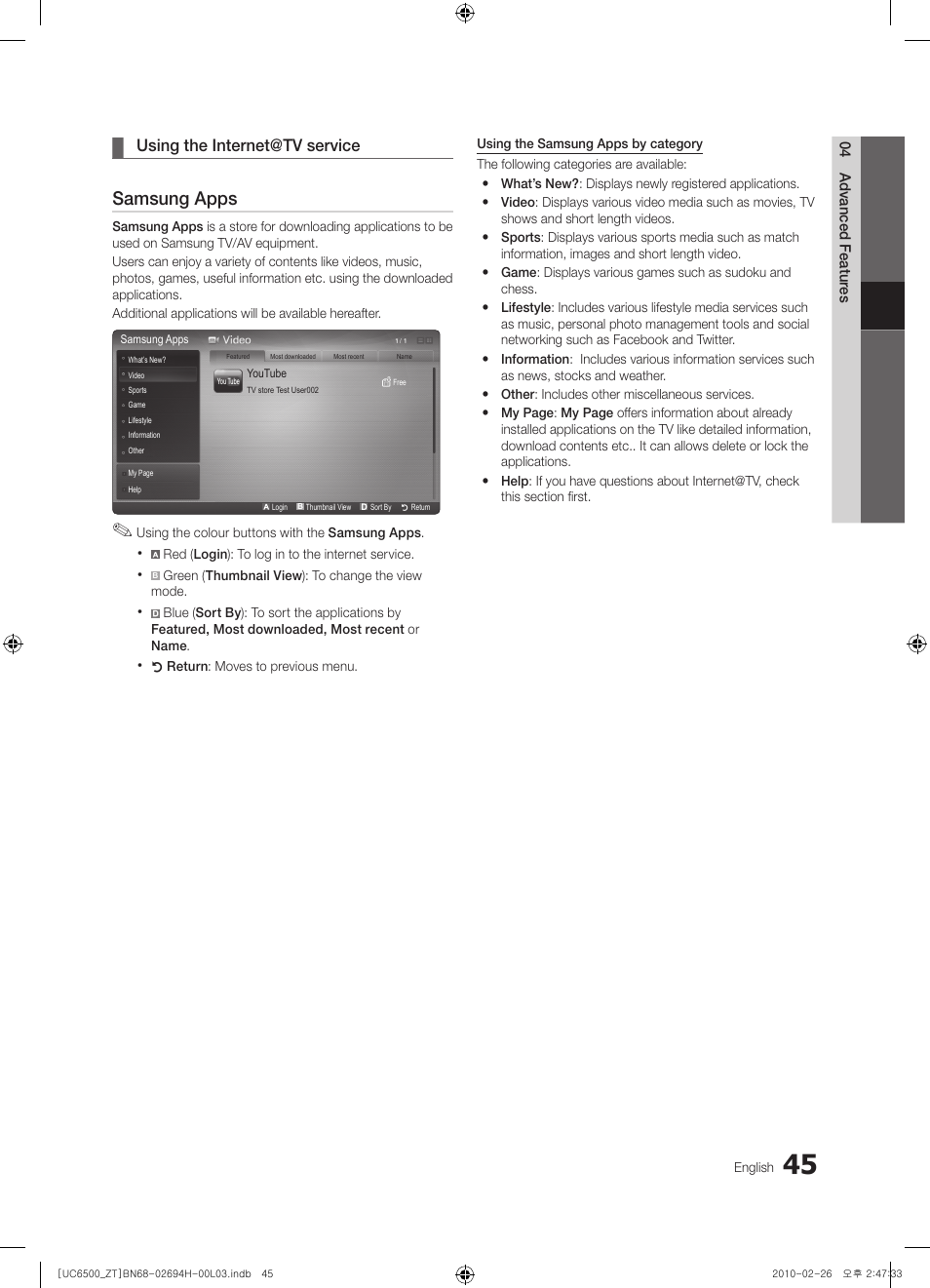 Samsung apps, Using the internet@tv service | Samsung UE37C6500UP User Manual | Page 45 / 178