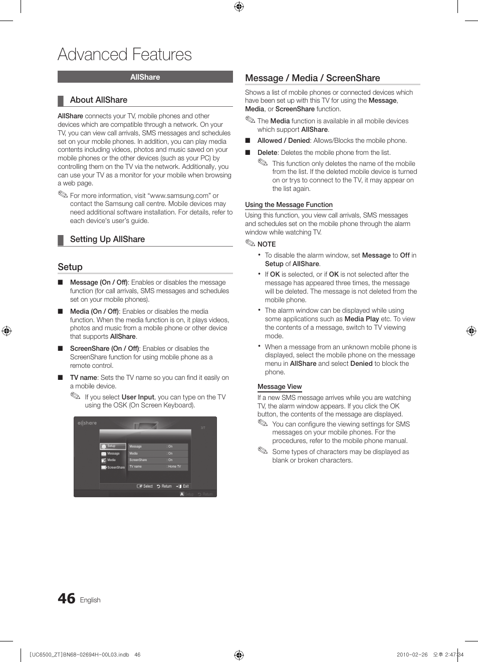 45 allshare, Advanced features, Setup | Message / media / screenshare | Samsung UE37C6500UP User Manual | Page 46 / 178