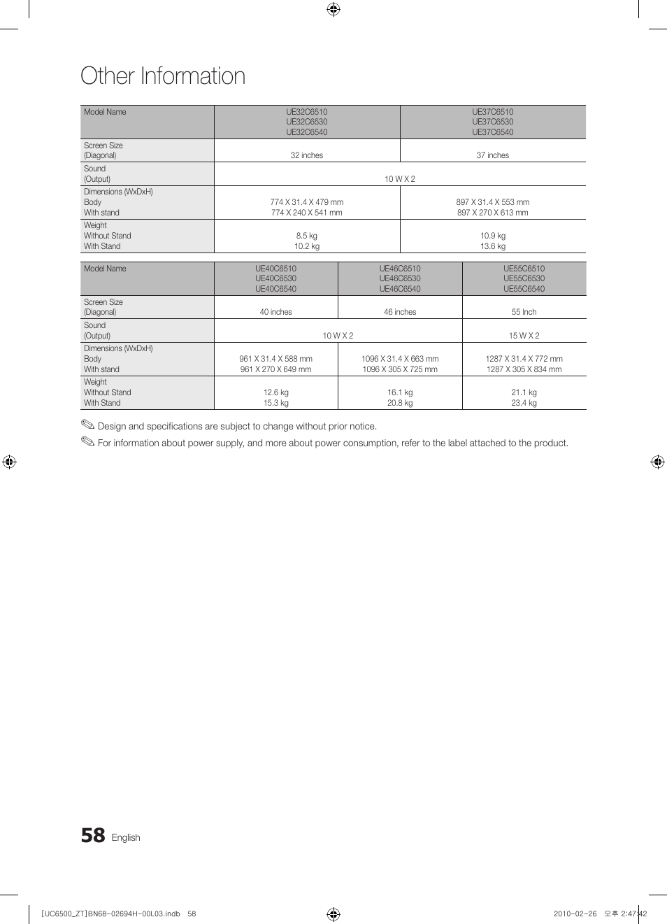 Other information | Samsung UE37C6500UP User Manual | Page 58 / 178