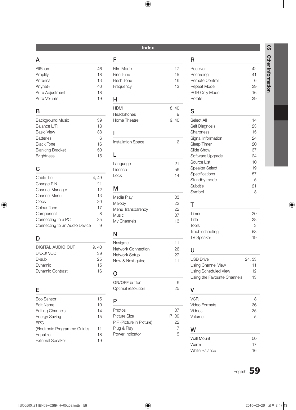 58 index | Samsung UE37C6500UP User Manual | Page 59 / 178